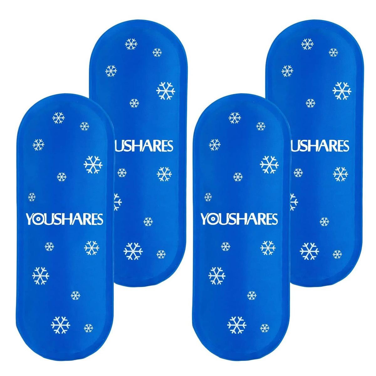 Blue oval gel ice packs with snowflake pattern and YOUSHARES logo