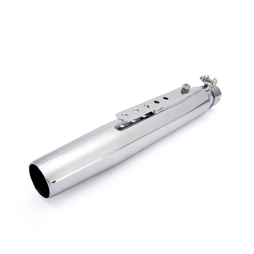 Universal motorcycle exhaust muffler, chrome silver cylinder with mounting holes and strap