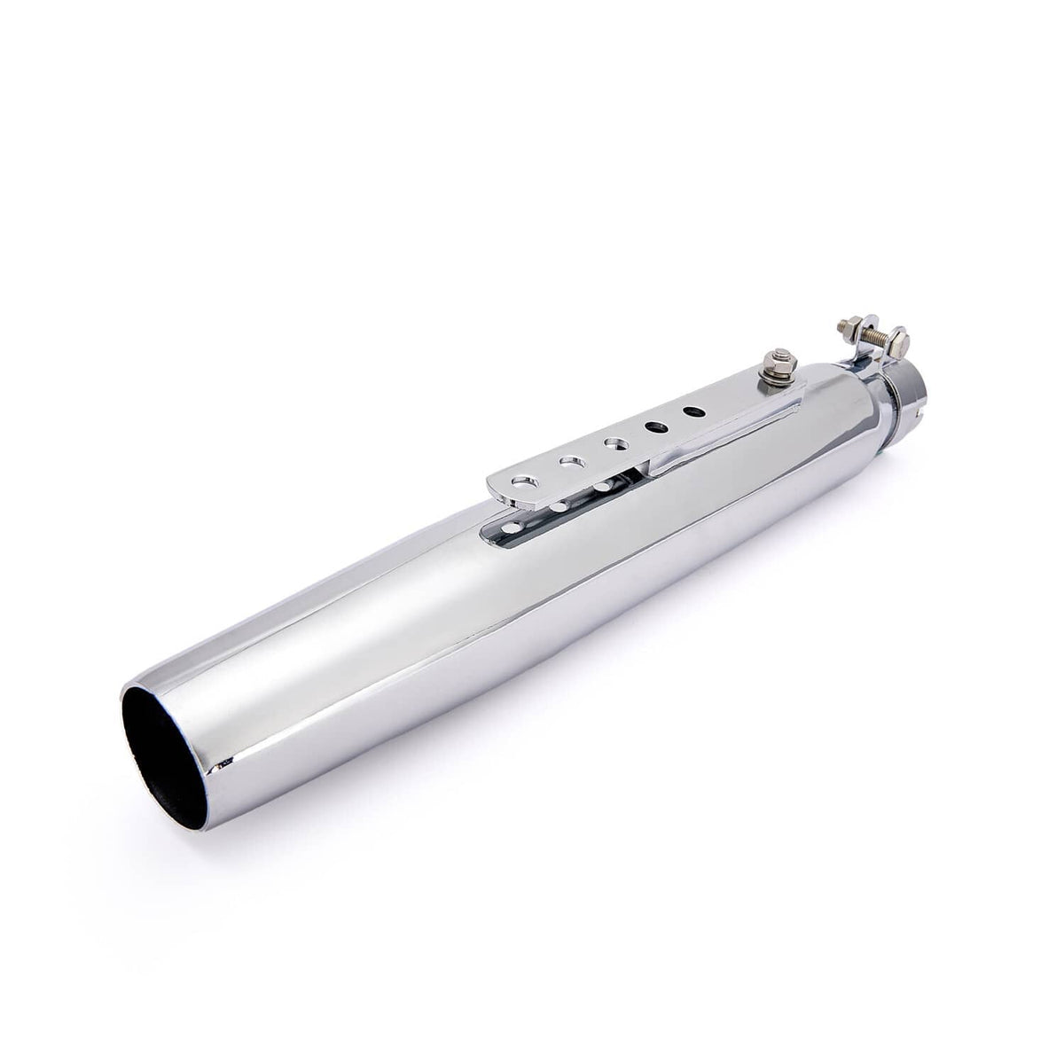 Universal motorcycle exhaust muffler, chrome silver cylinder with mounting holes and strap