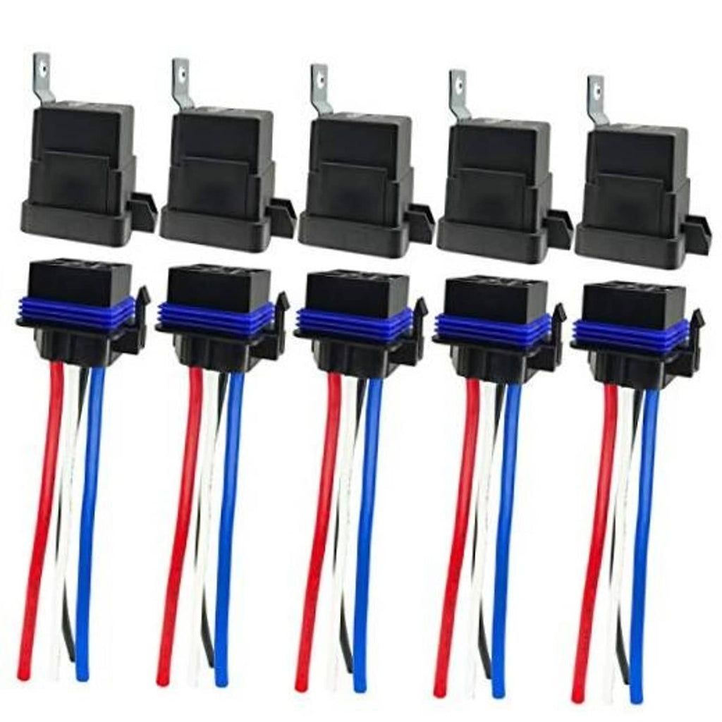 Set of 5 black SPST automotive relays with blue bases and red/blue/white wire leads
