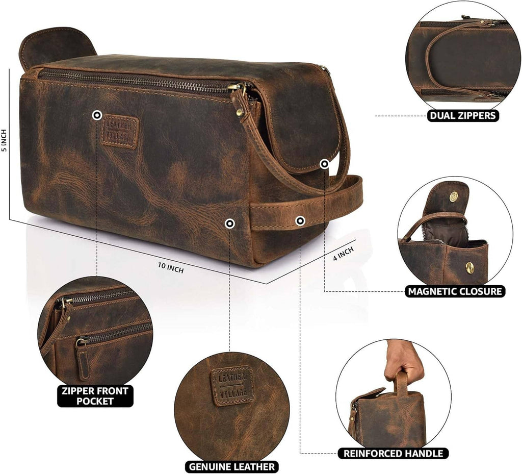 Brown genuine leather travel toiletry bag with front zip pocket and dual zippers