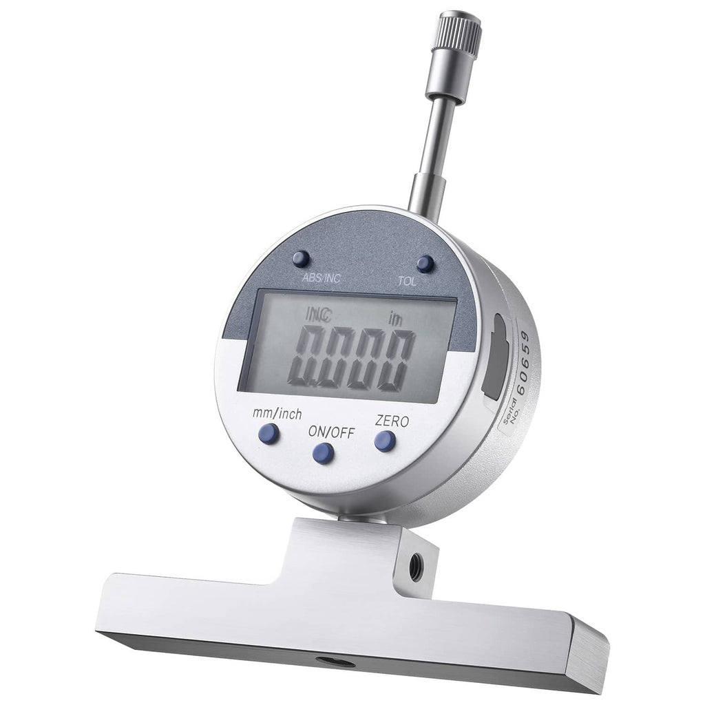 Digital depth gauge micrometer with LCD display and horizontal anvil base