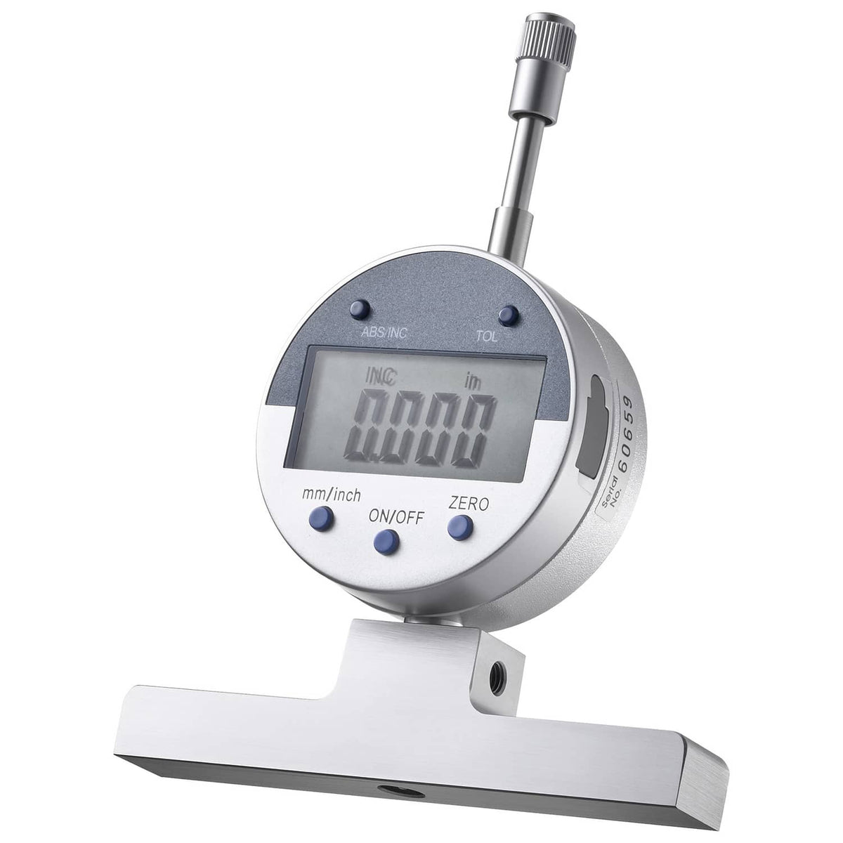 Digital depth gauge micrometer with LCD display and horizontal anvil base