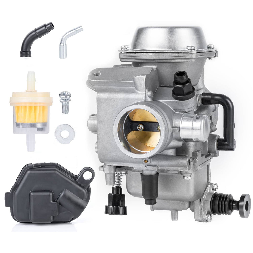 ATV carburetor with metal body, throttle parts, black intake boot, and included fuel filter