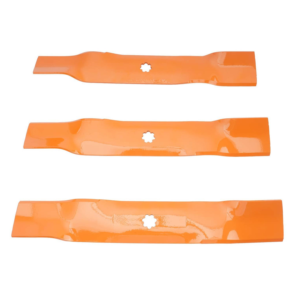 Three orange mower deck blades laid horizontally, each with a center bolt hole