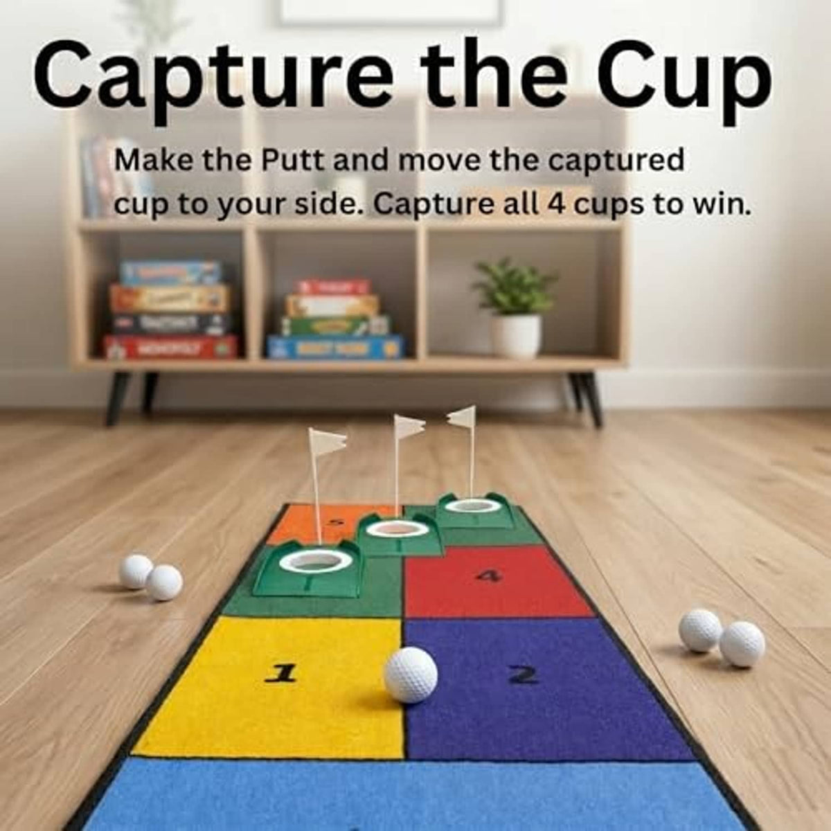 Indoor golf putting mat with 4 cup targets and multicolor lanes, with golf balls
