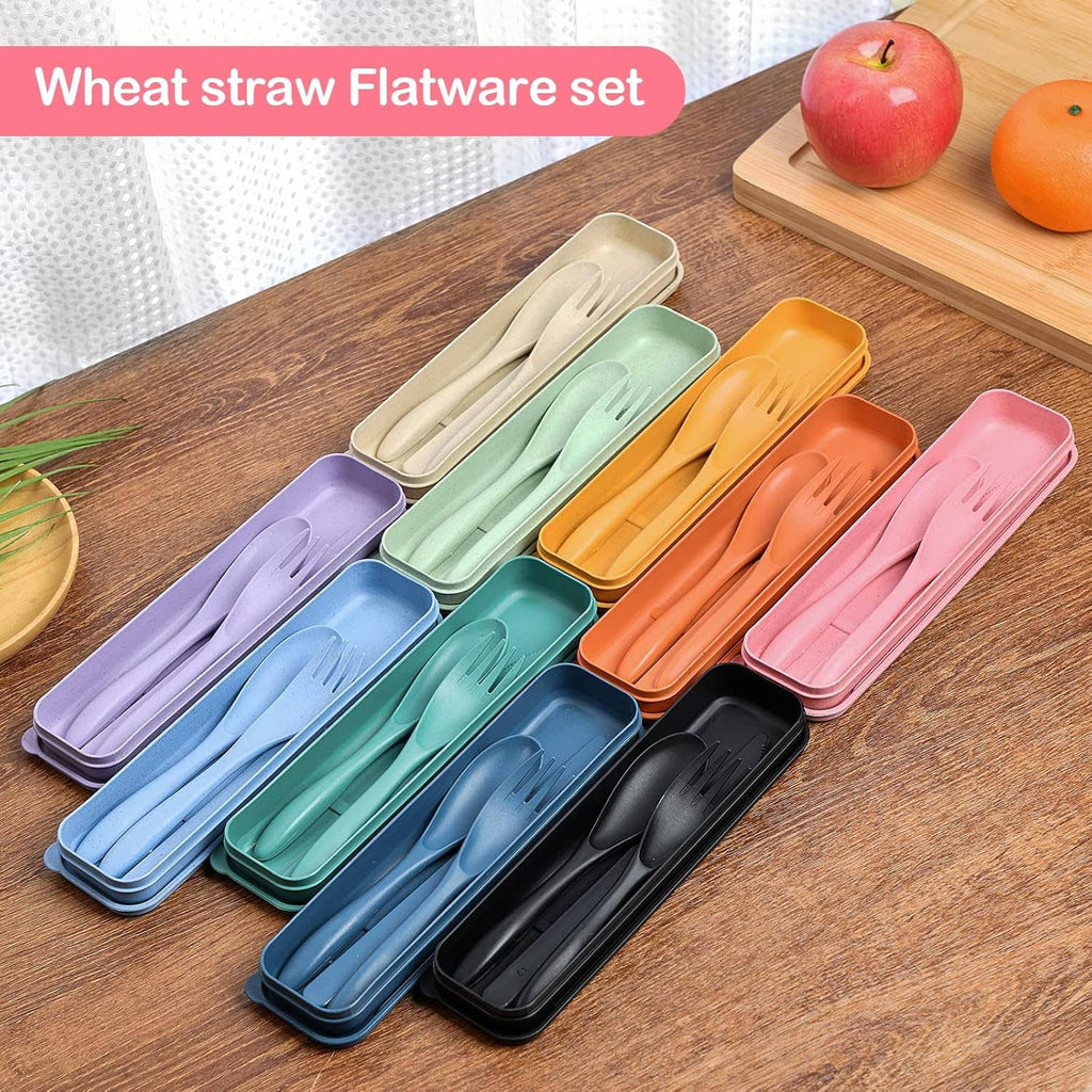Assorted color wheat straw flatware set with multiple cases and fork-and-knife utensils