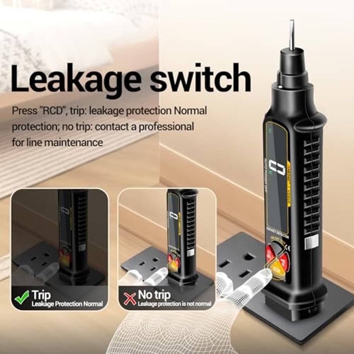 Black non-contact voltage tester with side controls, digital display, and tip prongs