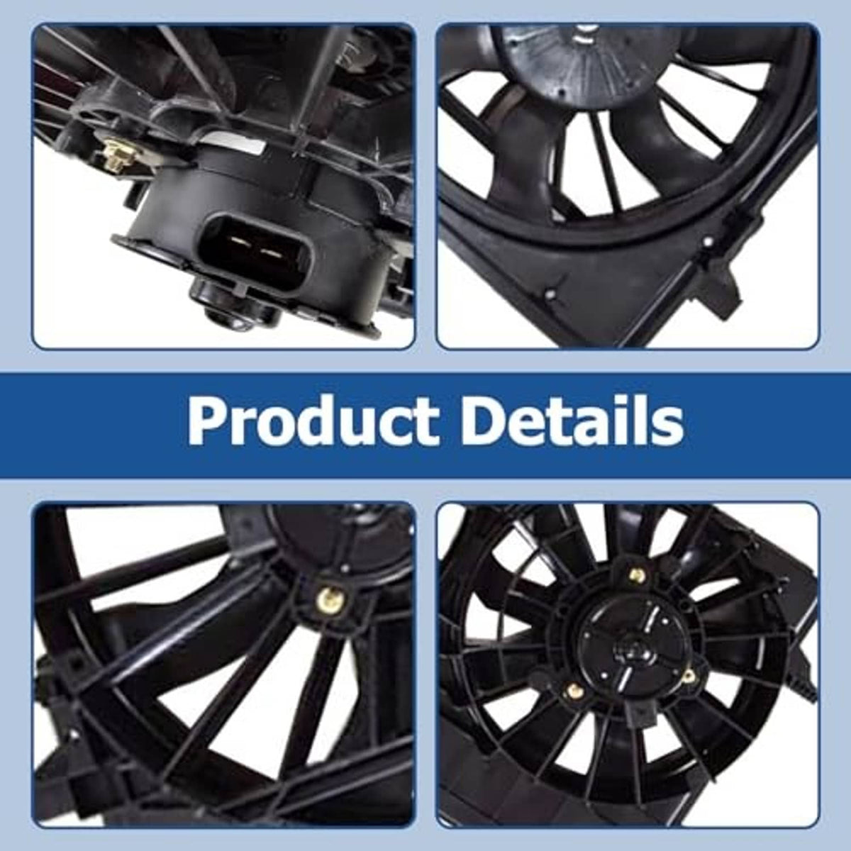 Radiator cooling fan details: black mounting housing and close-up fan blade area