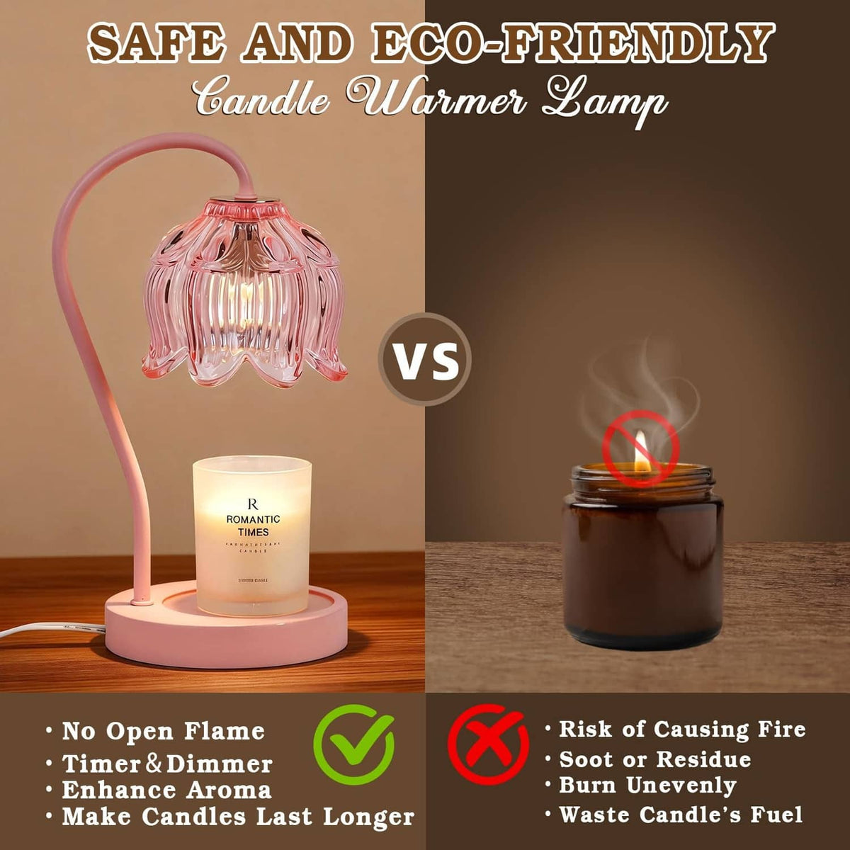 Pink candle warmer lamp with warm-lit jar candle for timer and dimmer control