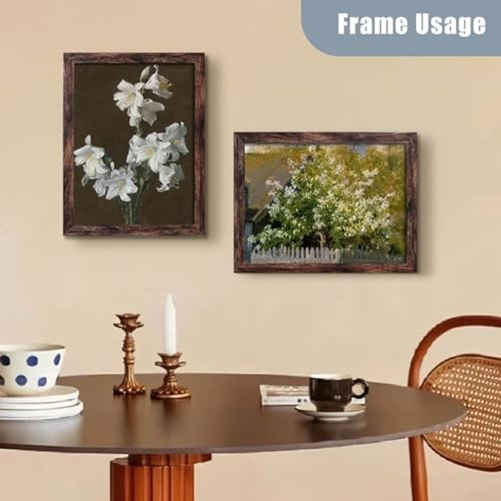 Brown square wall picture frame with floral prints, two framed artworks shown