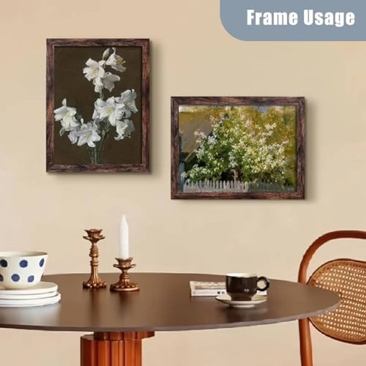 Brown square wall picture frame with floral prints, two framed artworks shown