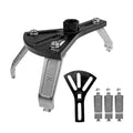 Adjustable fuel tank lid removal tool with black clamp arms and hex bolts