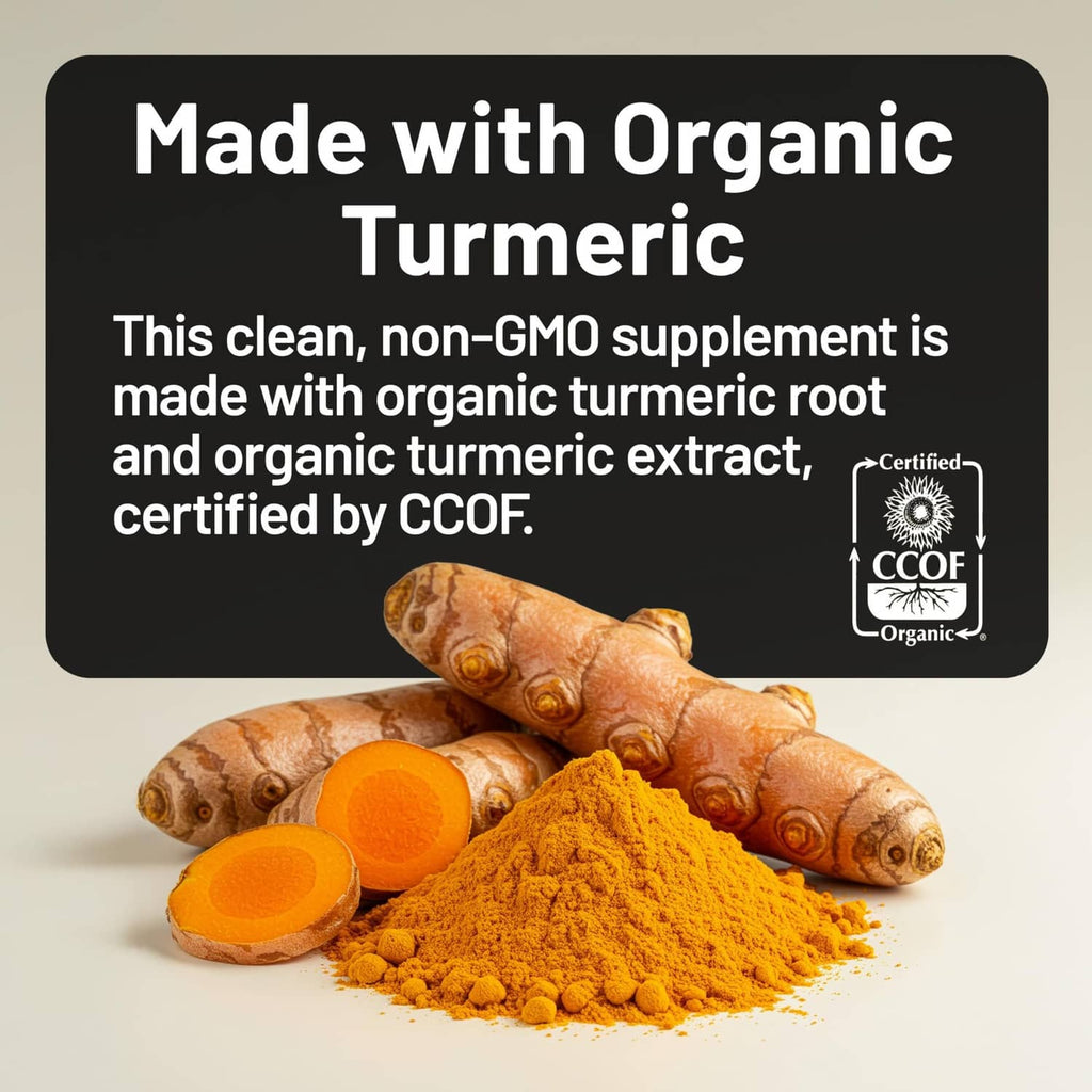 Organic turmeric curcumin supplement with turmeric and ginger roots and powder on label