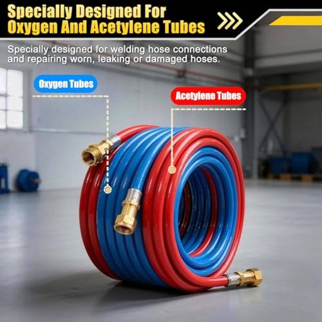 Brass hose connection coupler pair for oxygen and acetylene tubes