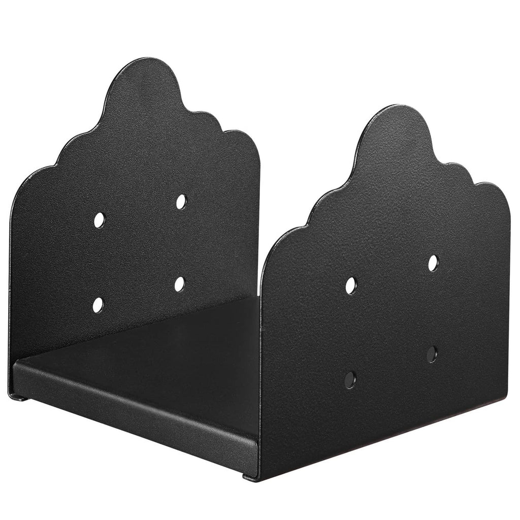 Two black steel wood post base brackets with curved back plates and drilled holes