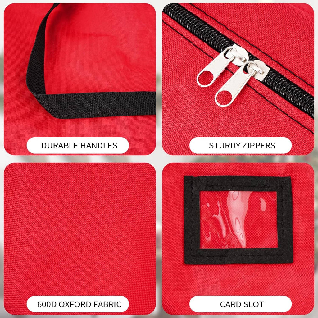 Red fabric storage bag details: durable handles, sturdy zipper, and card slot window.