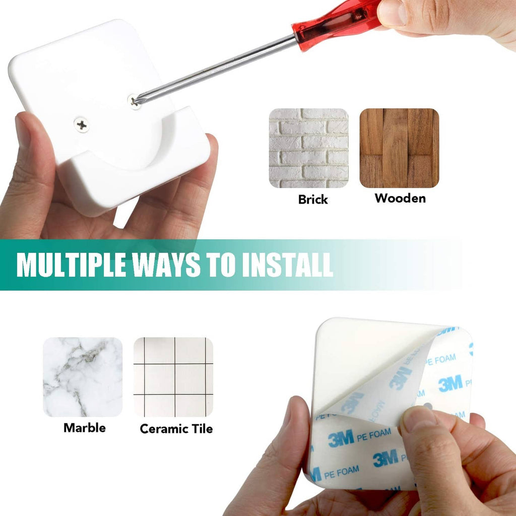 Adhesive shower rod holder being installed with screwdriver on a wall surface