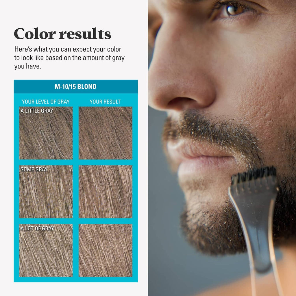 Close-up of beard dye brush applying color near lips, with shade chart.