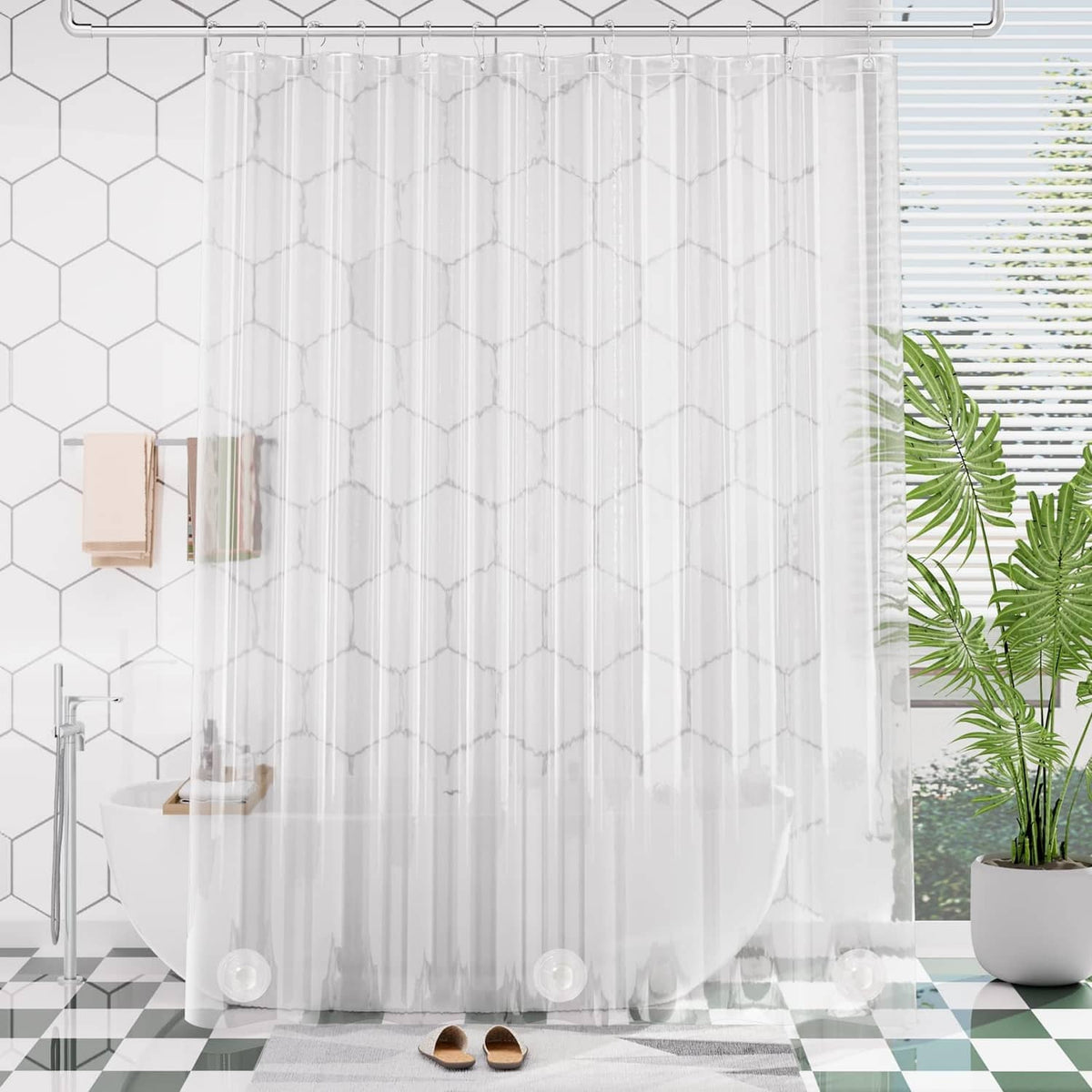 Clear extra long shower curtain liner with weighted bottom hem and round holes
