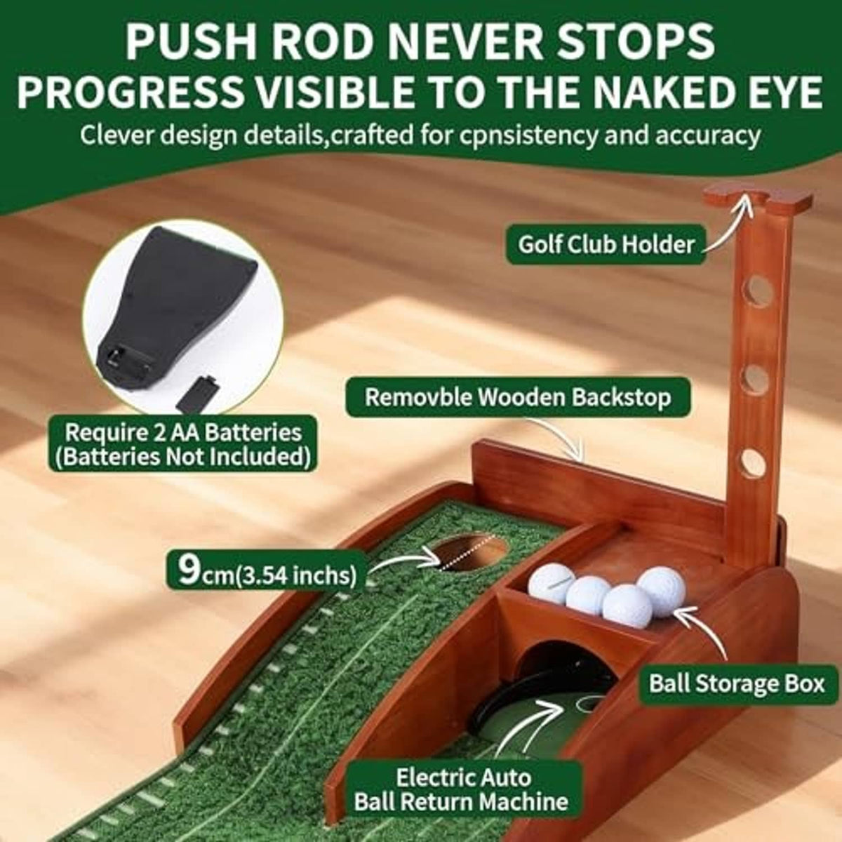 Golf putting mat auto ball return system with wooden frame, green turf lane and balls