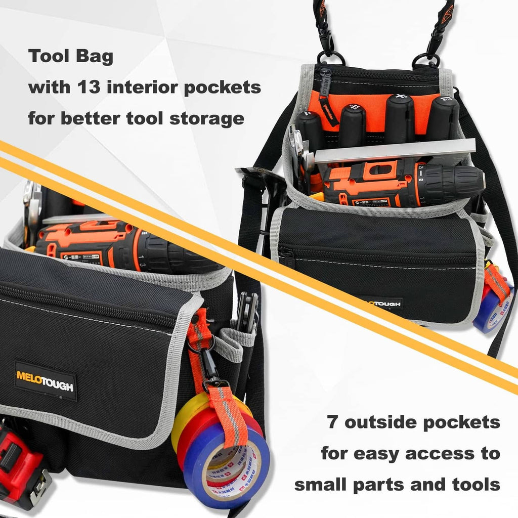 Black electrician tool pouch bag with open top, gray trim, and outer pockets for small tools