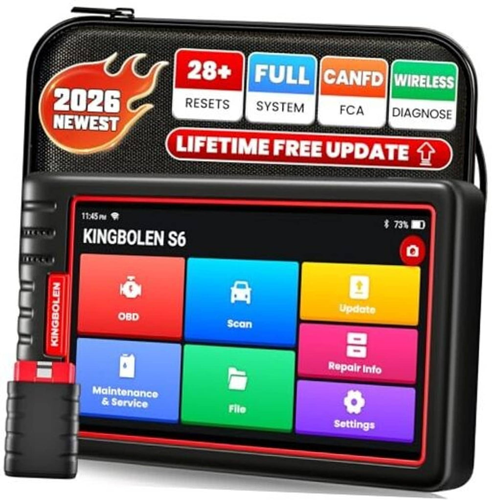Handheld OBD2 diagnostic scanner with color touchscreen showing OBD, scan, and settings icons