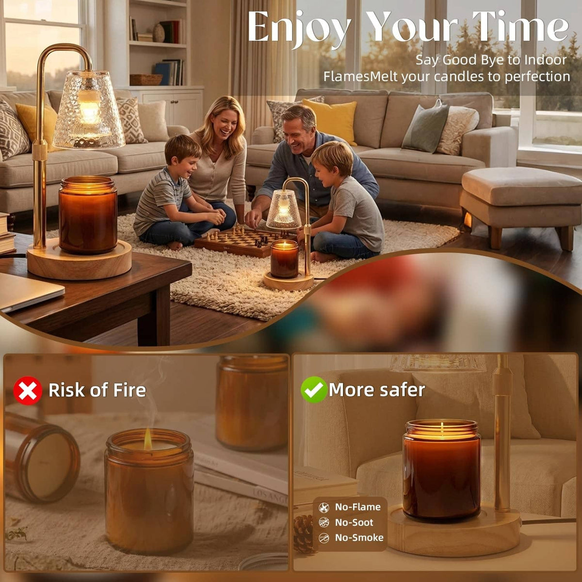 Candle warmer lamp with gold frame, clear glass shade, round wooden base
