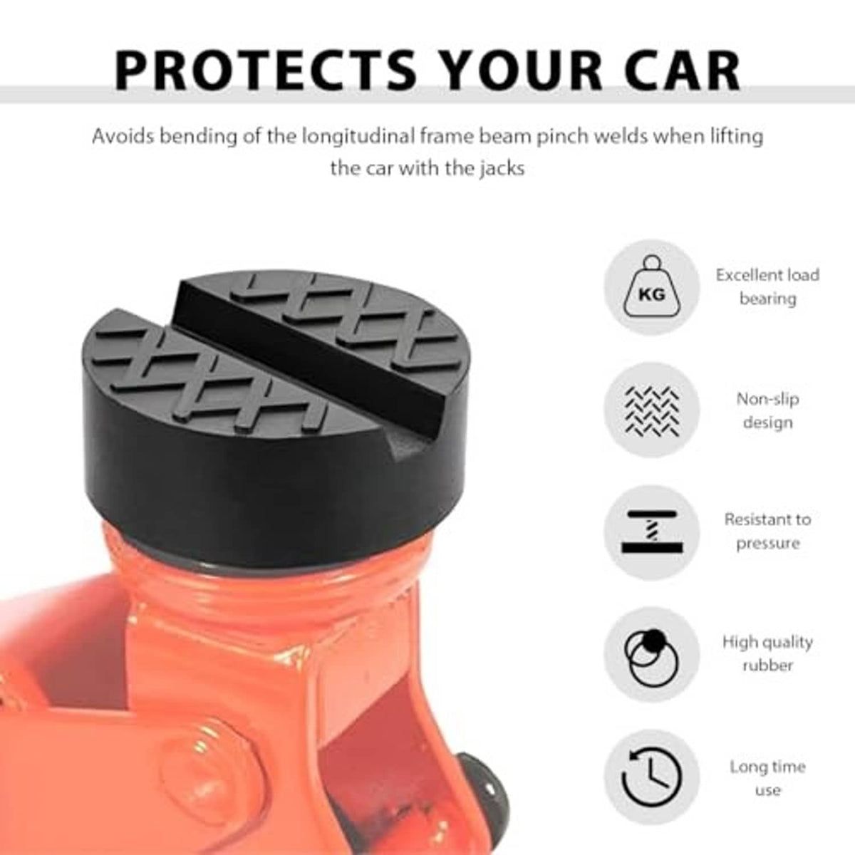 Black rubber jack pad extension fitted on a red floor jack lifting point.