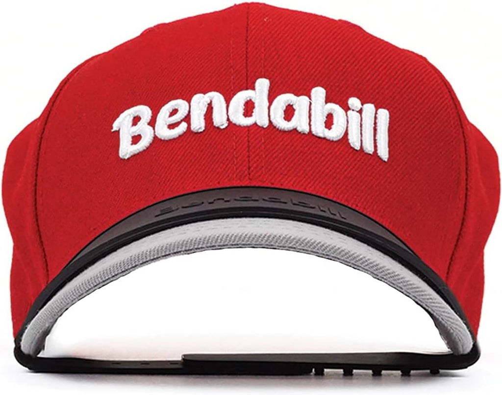 Red baseball cap with white Bendabill logo and black brim bender outline