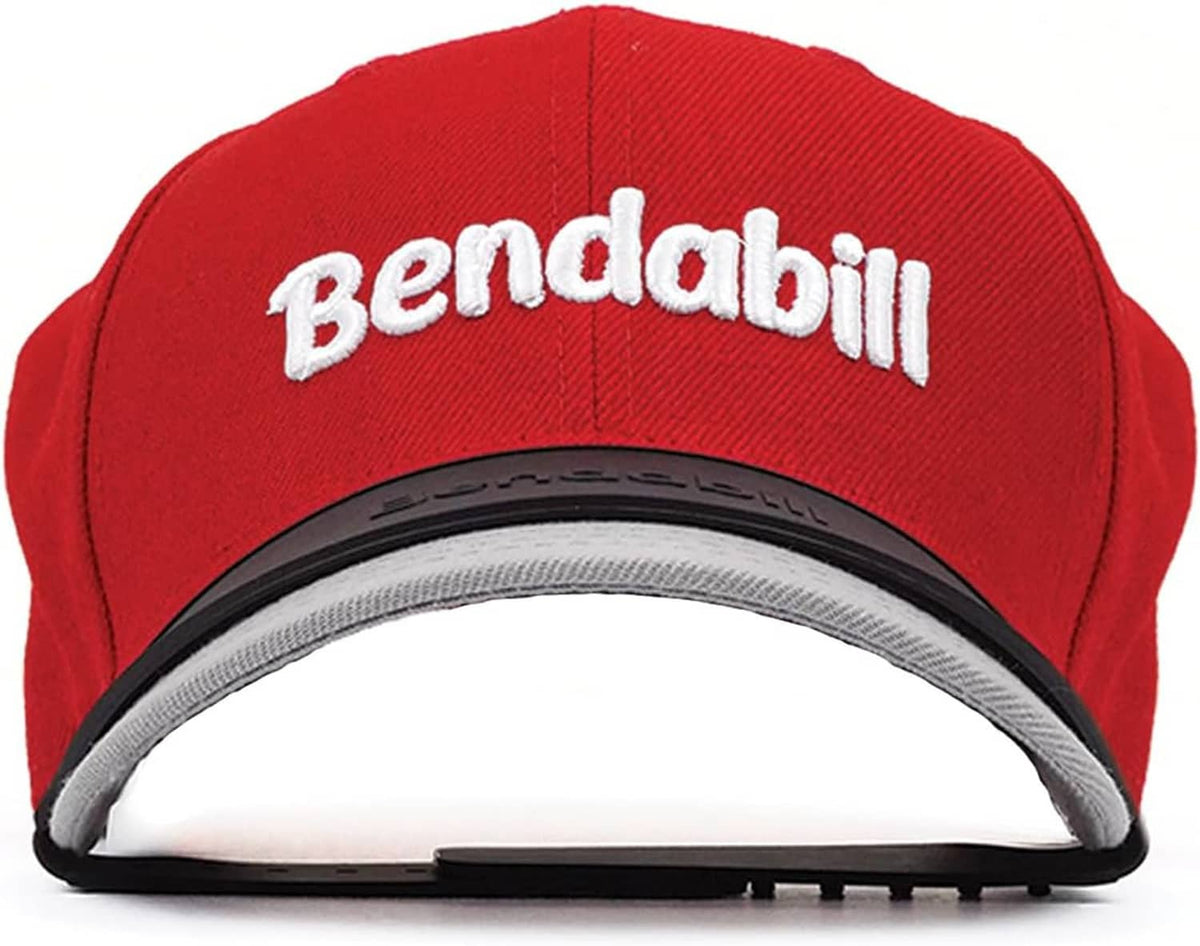 Red baseball cap with white Bendabill logo and black brim bender outline