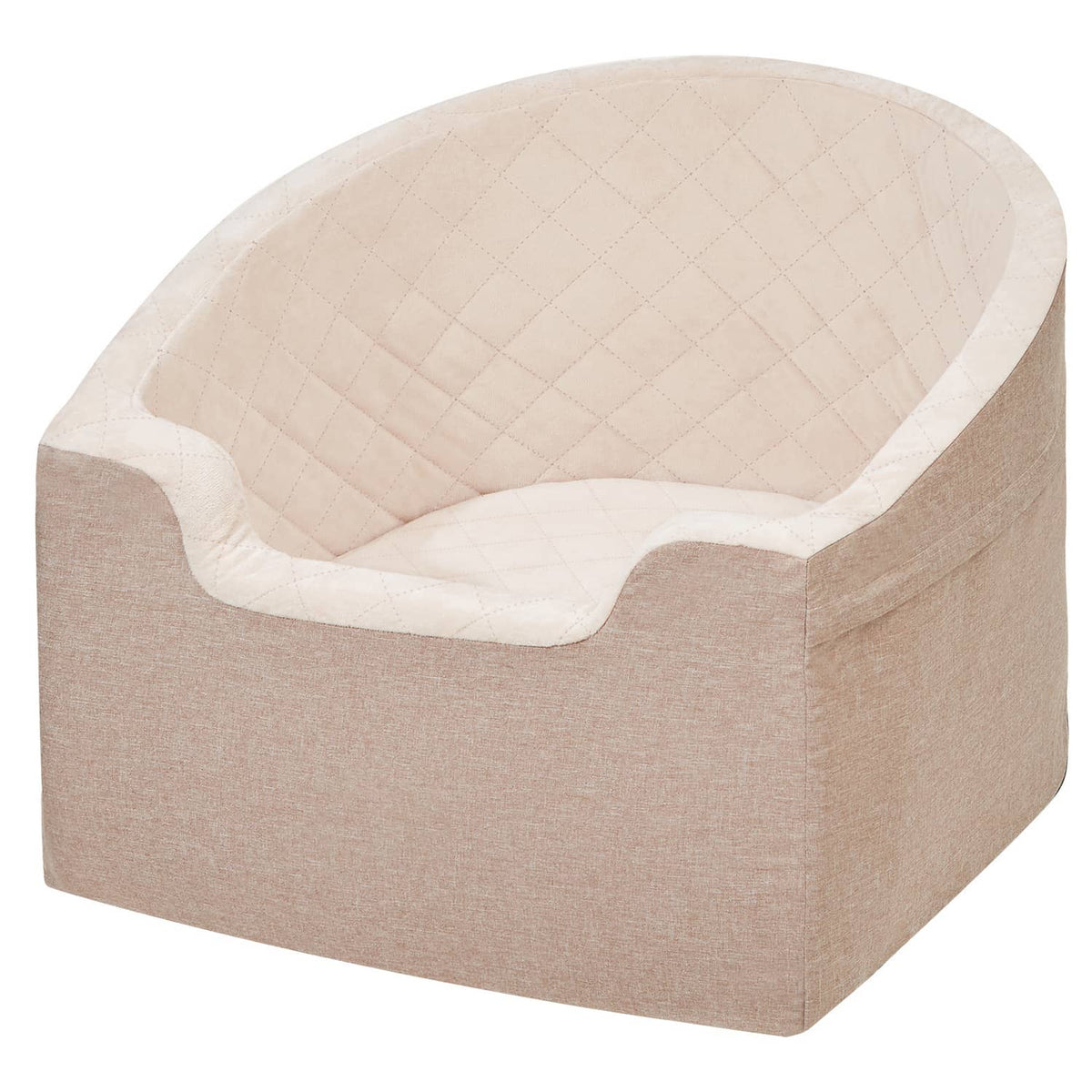 Brown pet booster car seat with open bowl shape and smooth outer fabric