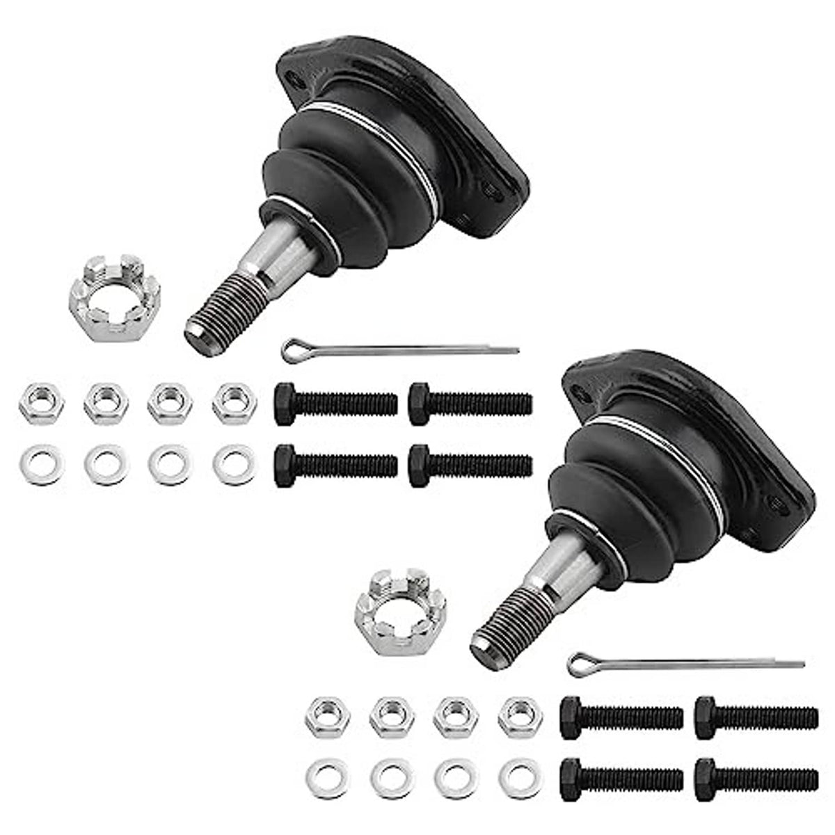 Front upper ball joint set with black boot, studs, nuts, washers, and bolts.
