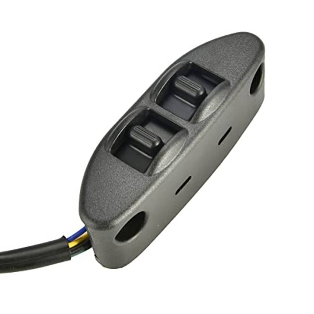 Power seat switch panel with two rocker switches and mounting holes, dark gray