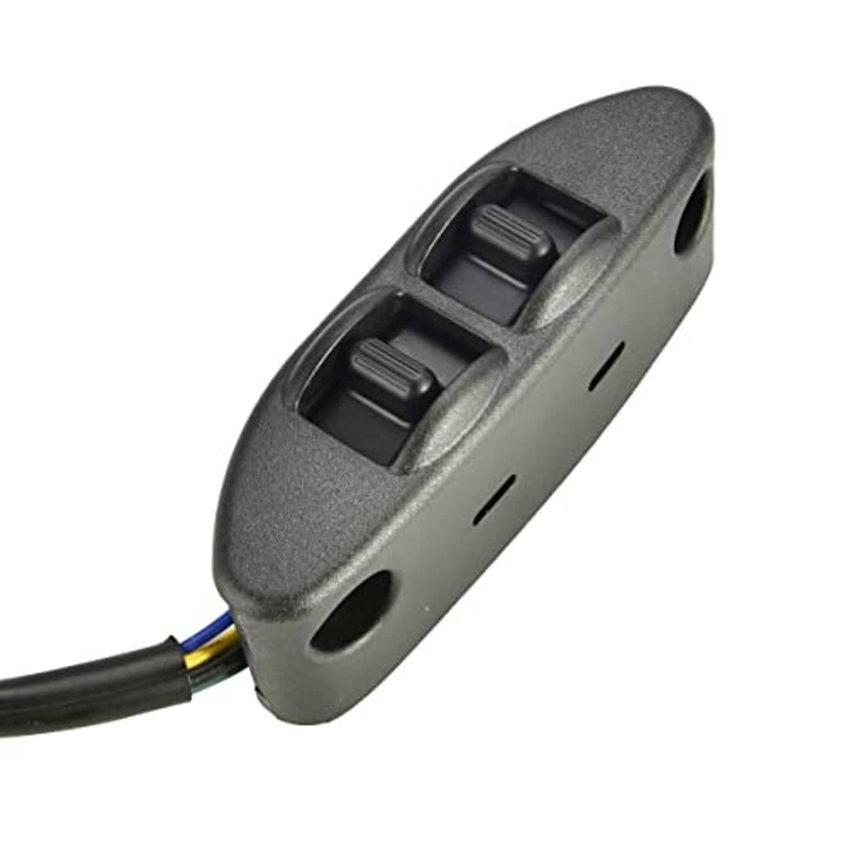 Power seat switch panel with two rocker switches and mounting holes, dark gray