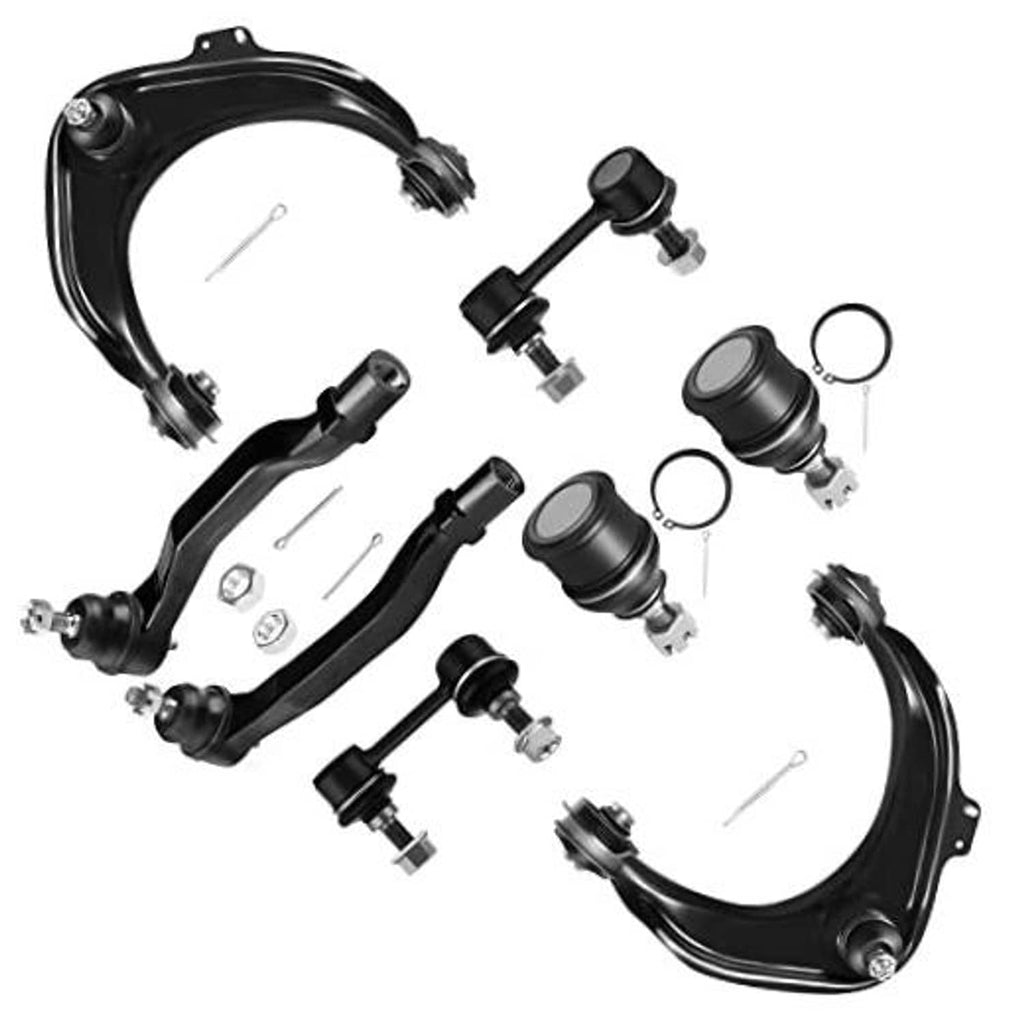 Black front suspension kit parts: control arms, ball joints, and tie rod ends