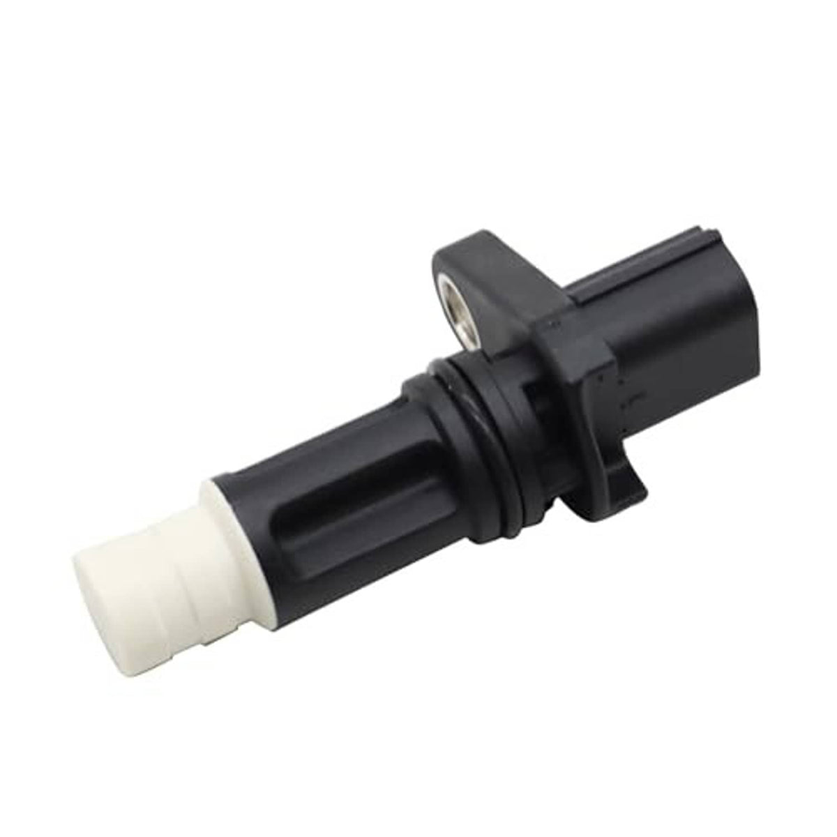 Crankshaft position sensor with black cylindrical body and white connector, metal mounting tab
