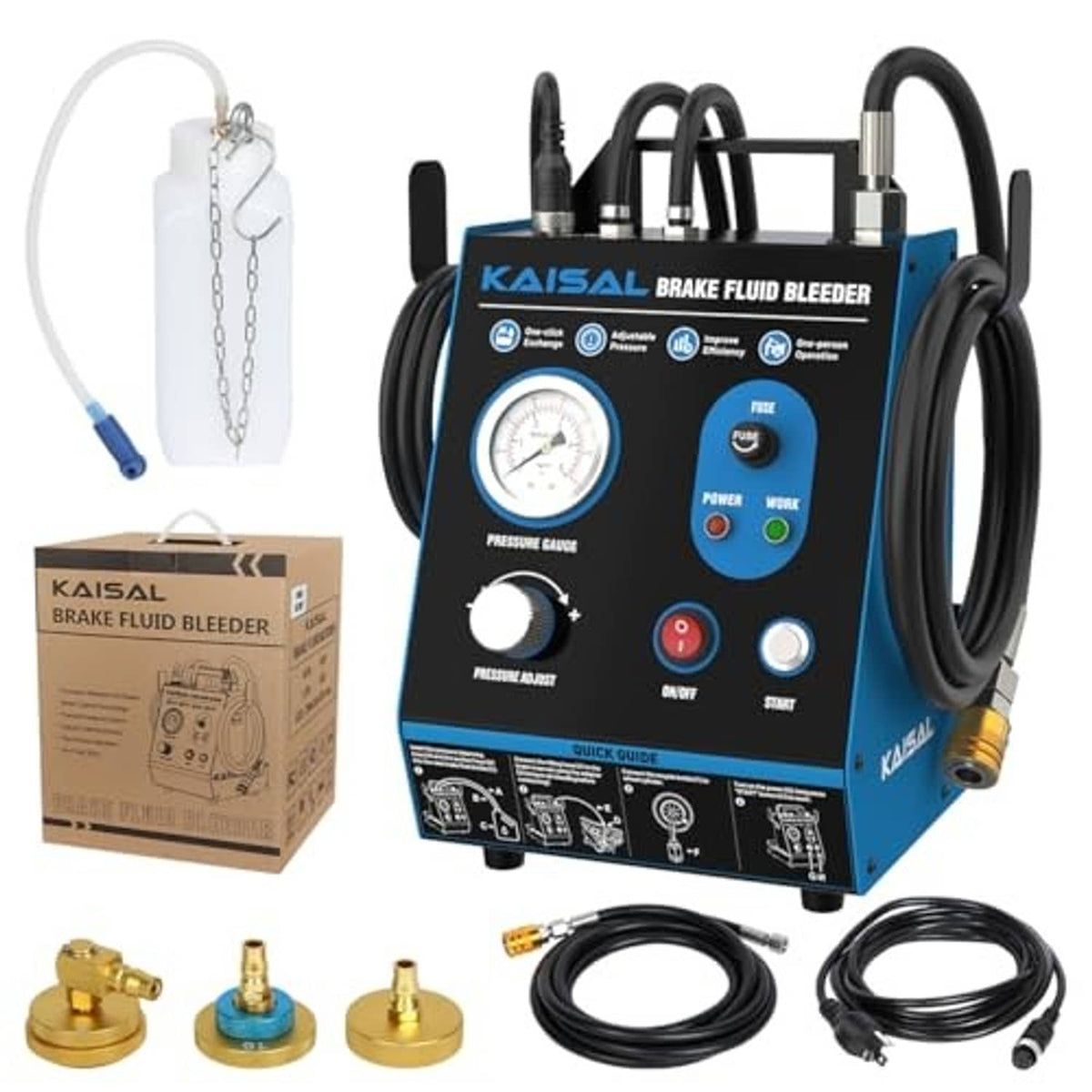 Automatic electric brake fluid bleeder kit with blue control box, hoses, and pressure gauge