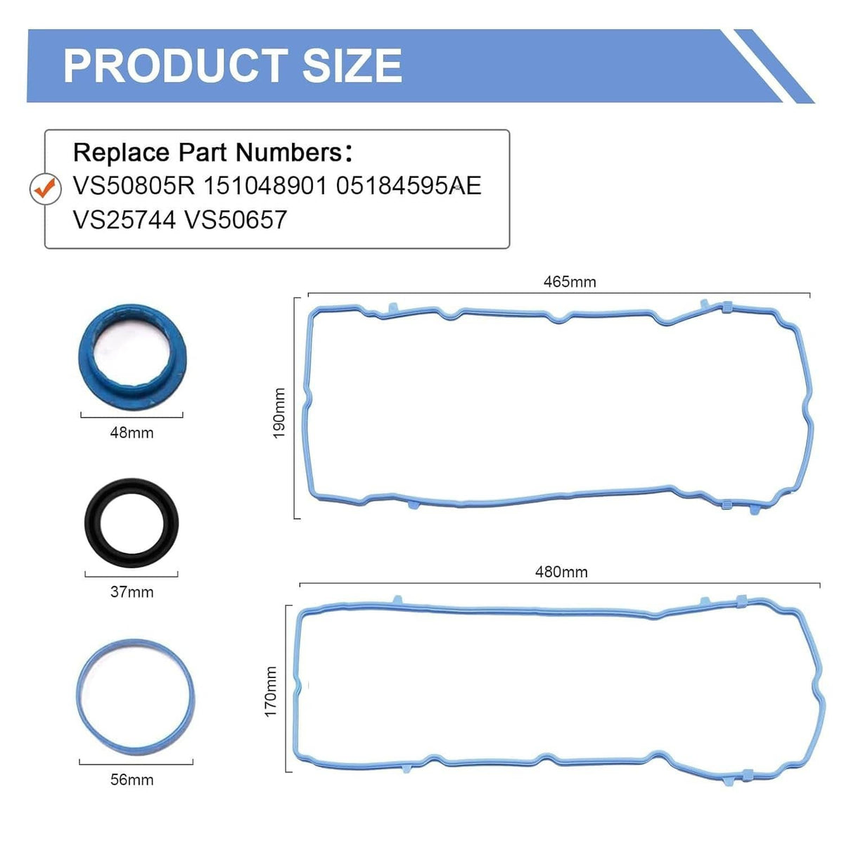 Valve cover gasket kit size diagram with blue gaskets and rubber seals