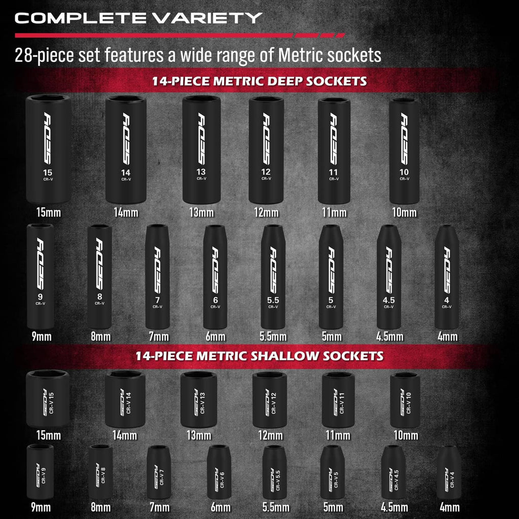 Assorted black metric deep and shallow sockets with stamped size markings