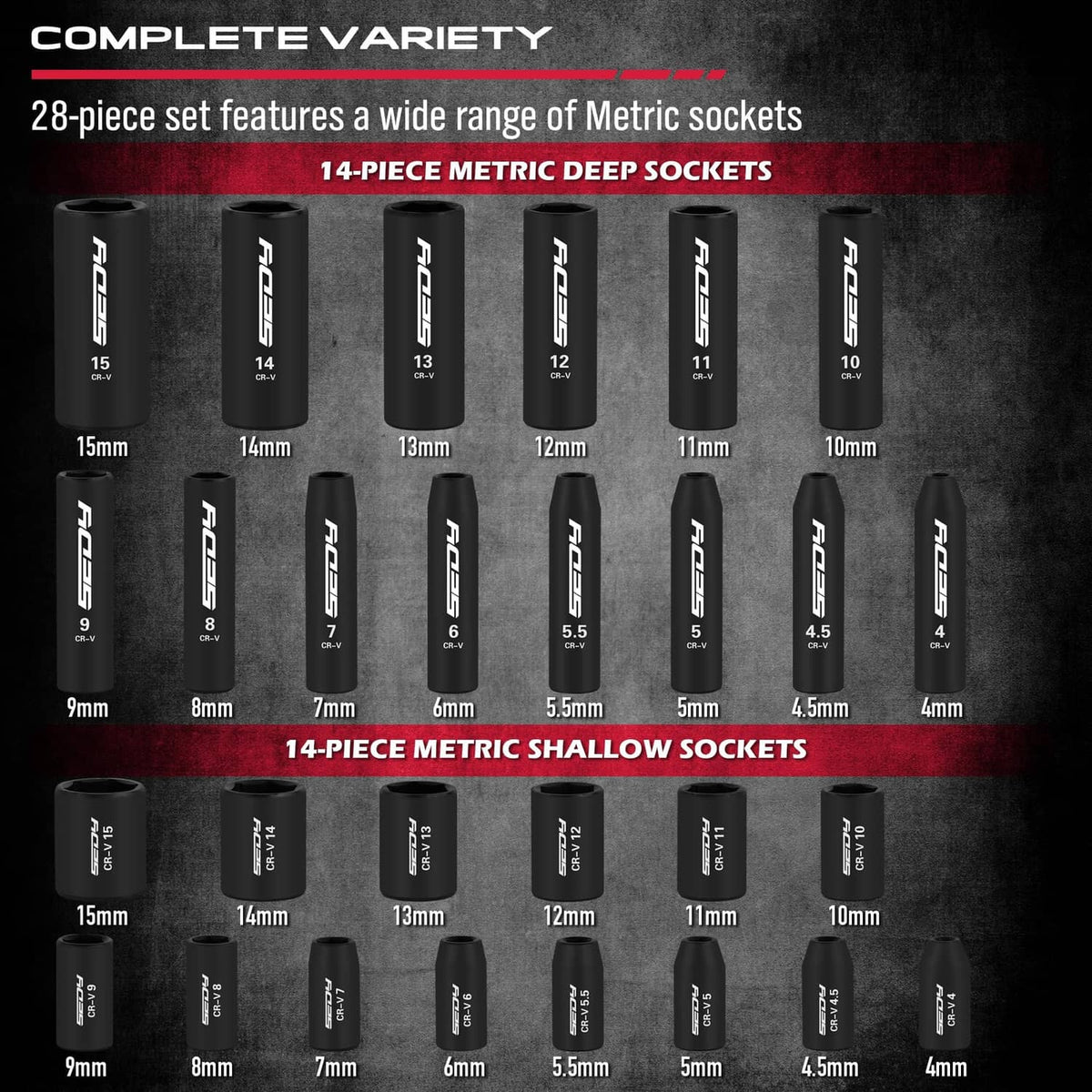 Assorted black metric deep and shallow sockets with stamped size markings