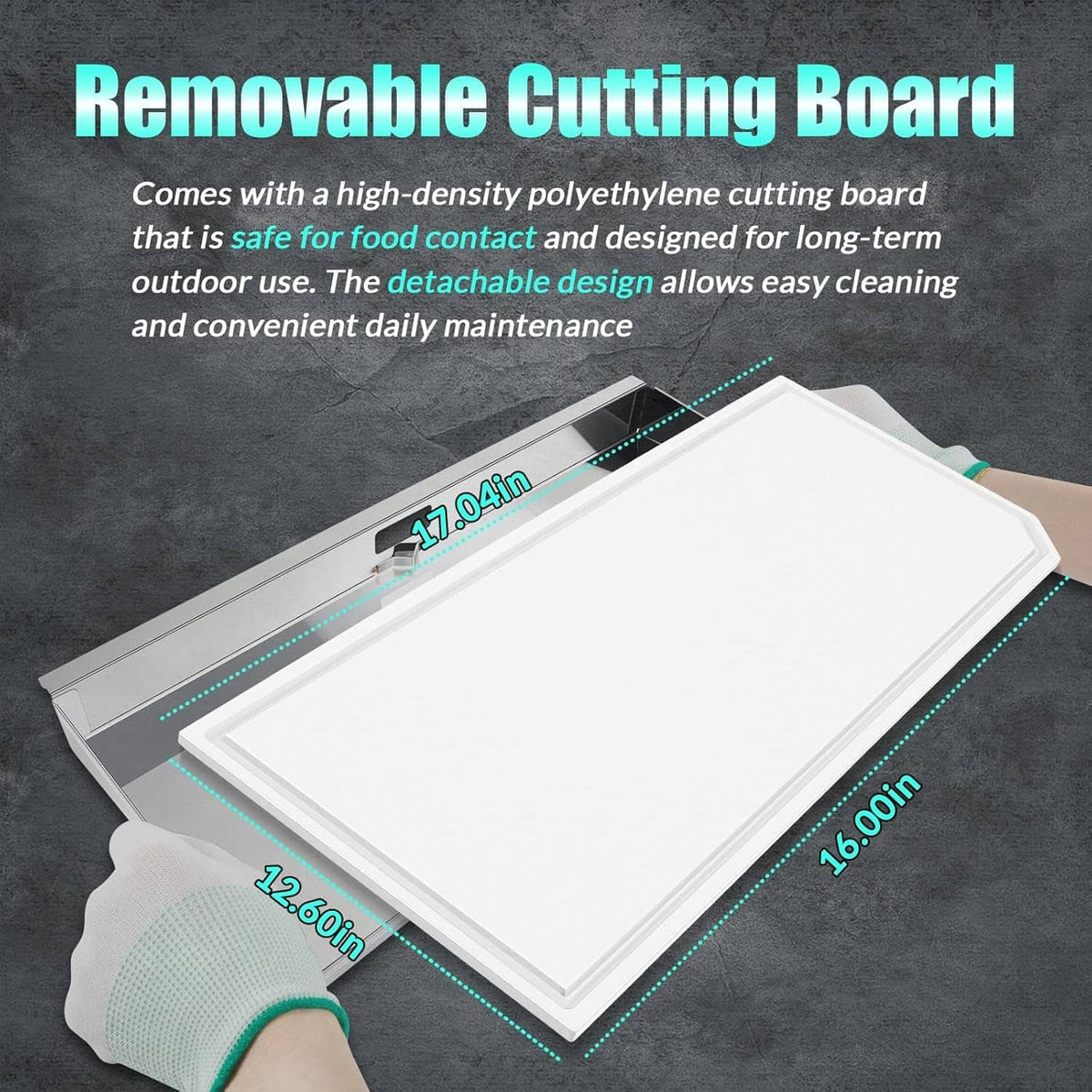 Rectangular grill serving shelf with removable cutting board for food prep and serving