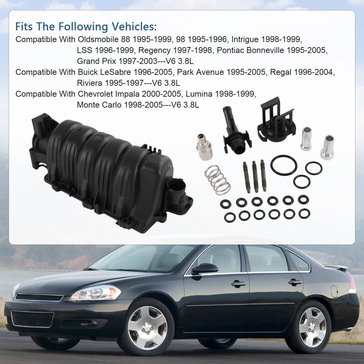 Black upper intake manifold with gasket and included mounting hardware and seals