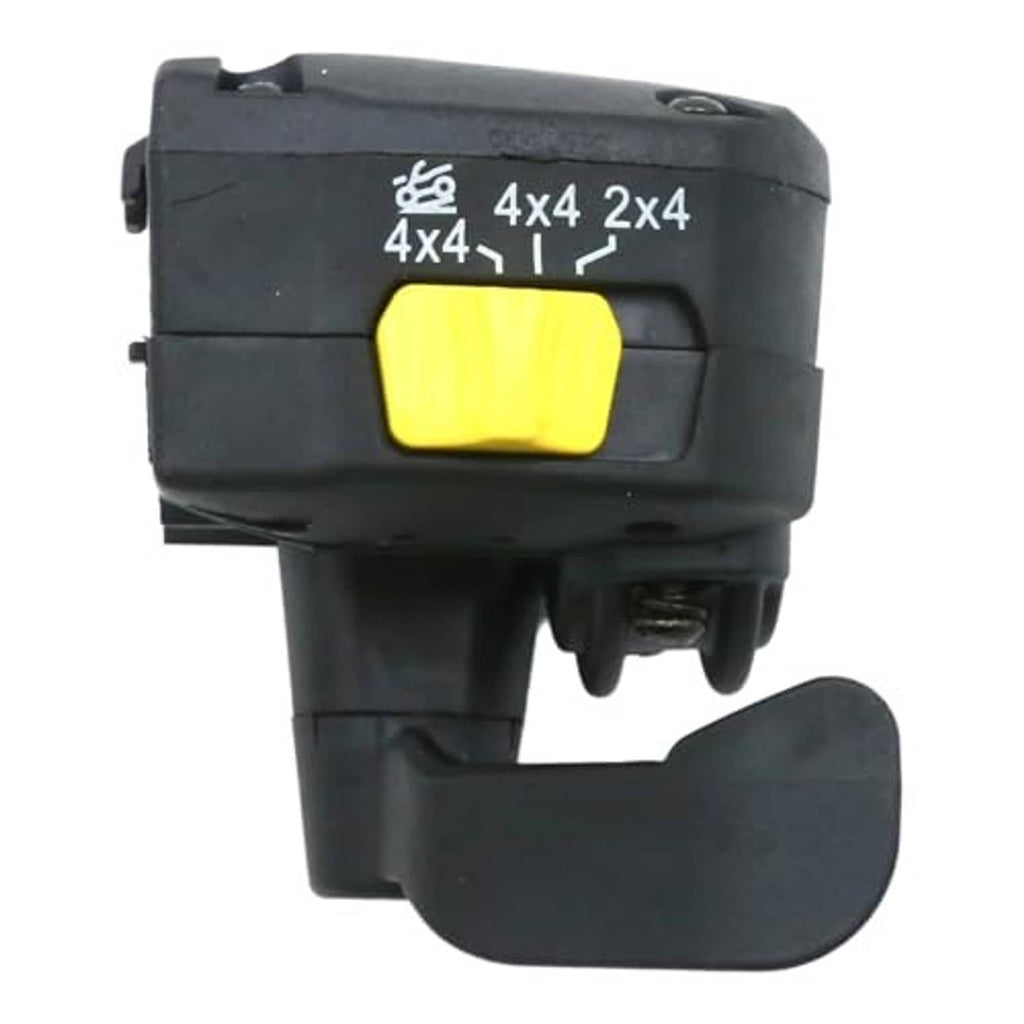 Black thumb throttle control lever assembly with yellow switch and curved lever