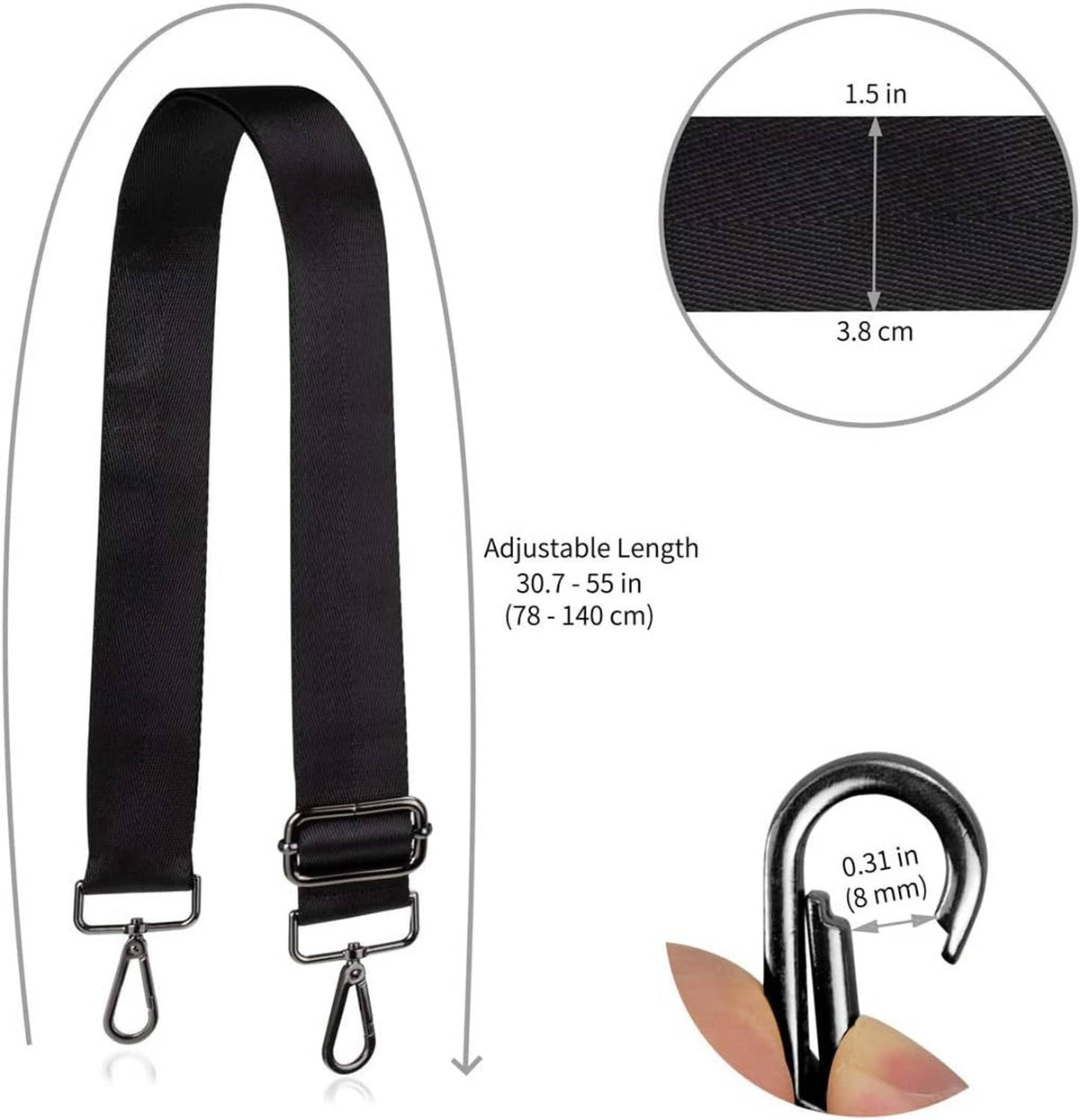 Adjustable black wide purse strap with metal clasps and reinforced webbing