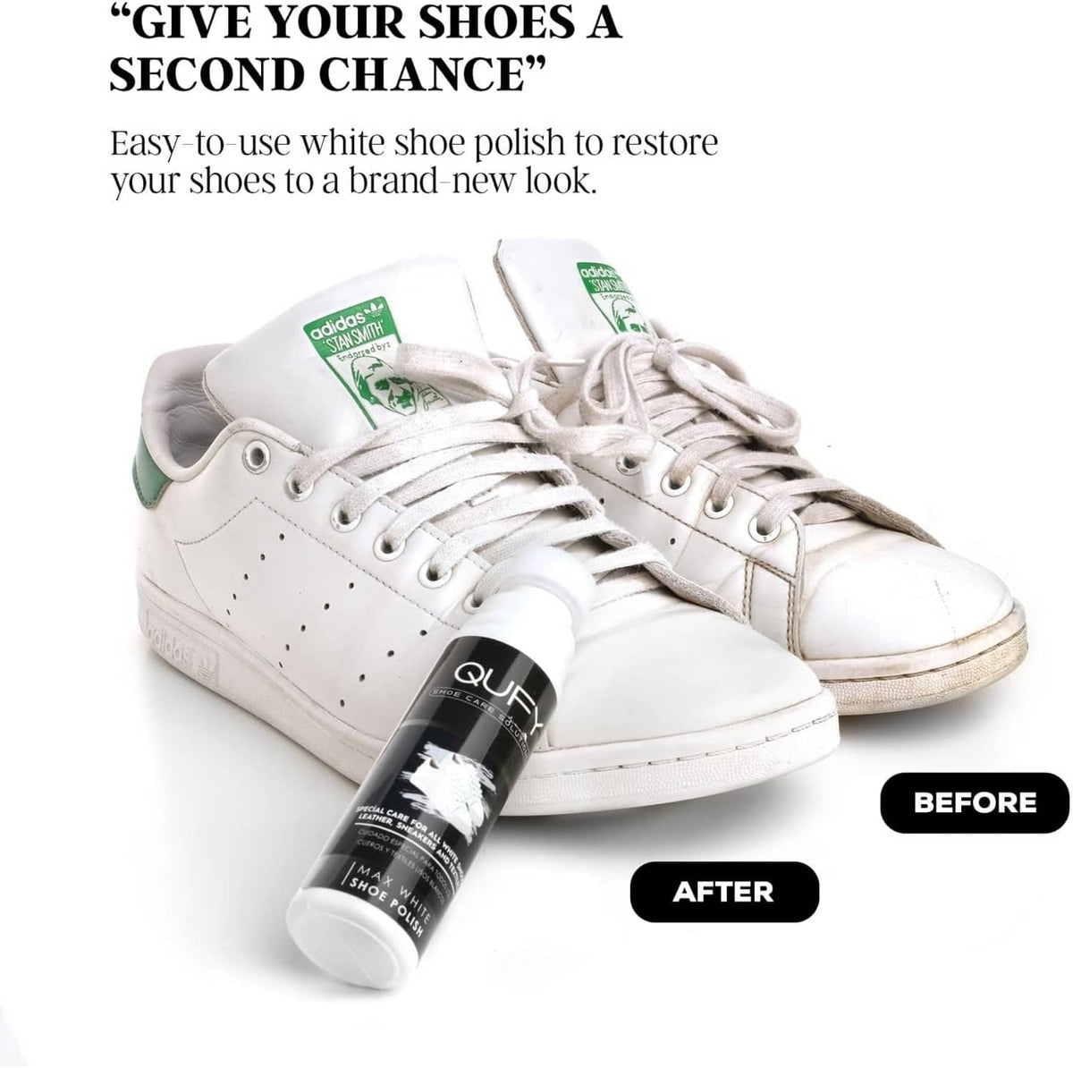 Pair of white sneakers with shoe polish bottle on a clean surface