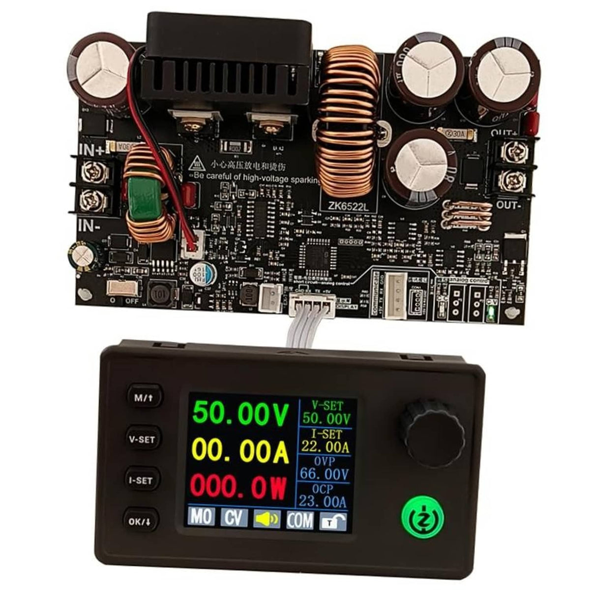 CNC DC stabilized power supply module with LCD screen, cooling slots, and output terminals