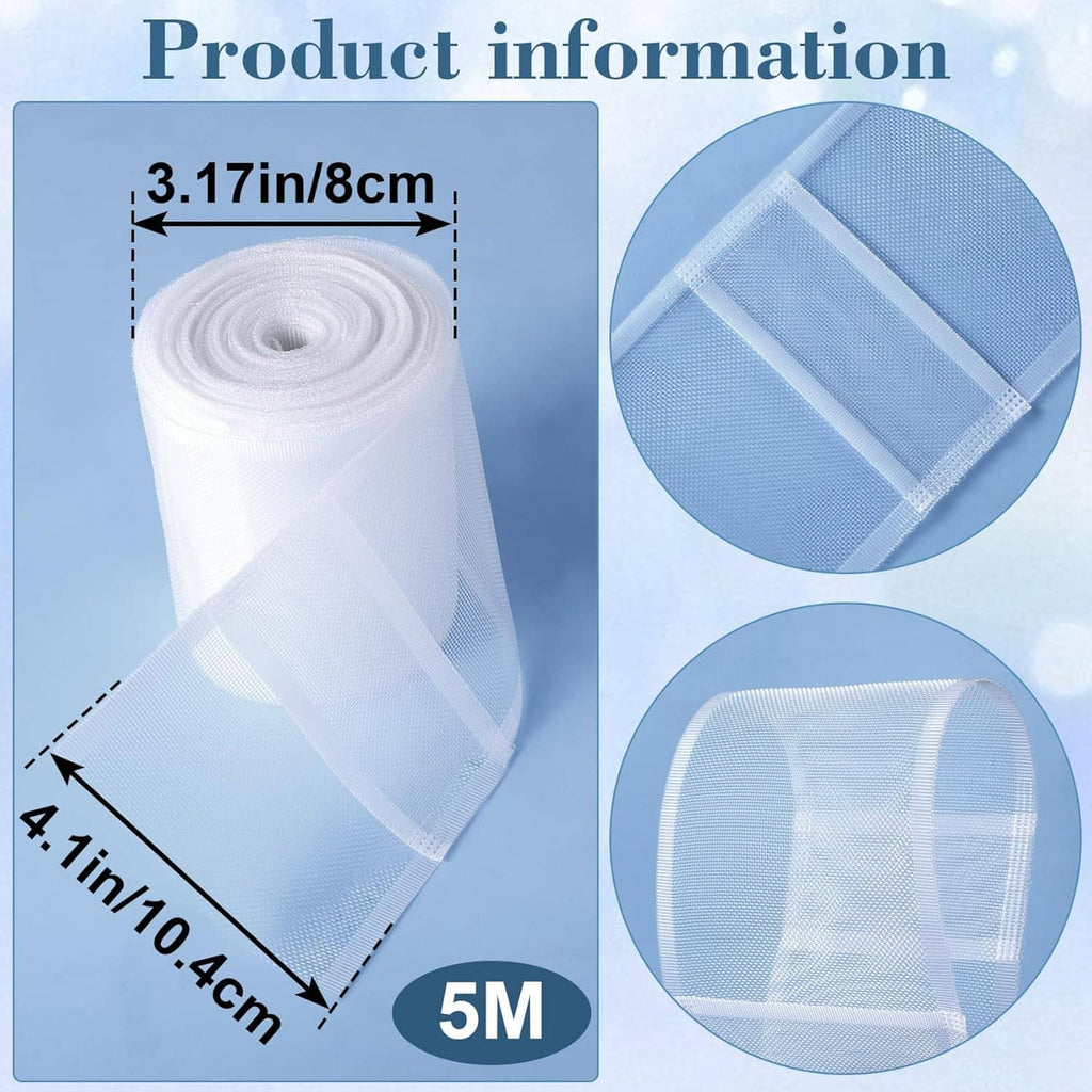 White translucent curtain pleating tape roll with folded layers and seam guide