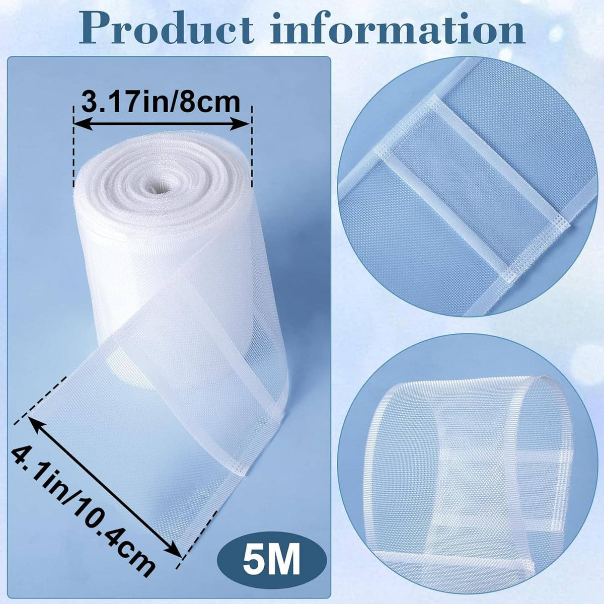 White translucent curtain pleating tape roll with folded layers and seam guide