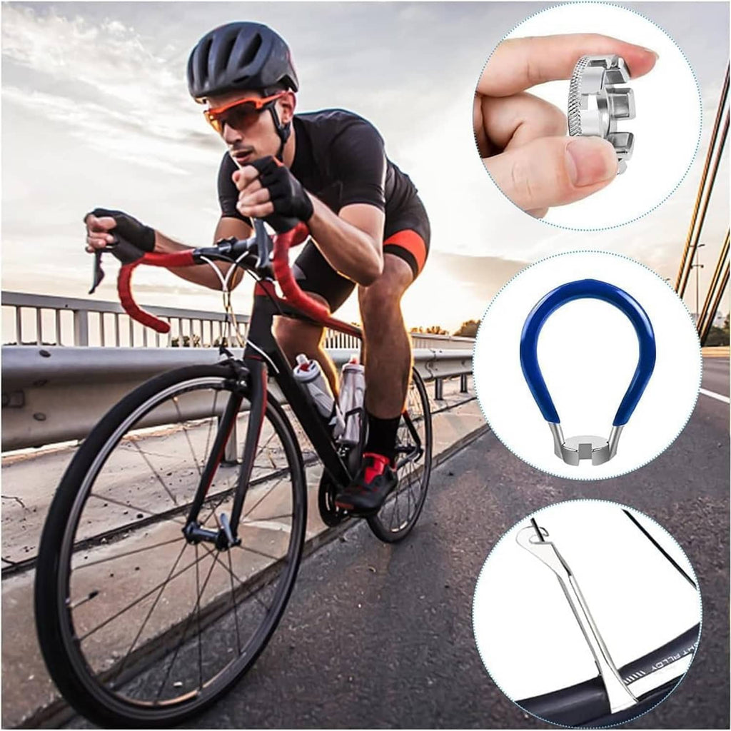 Bicycle spoke wrench set with blue handle and silver spoke-adjustment heads